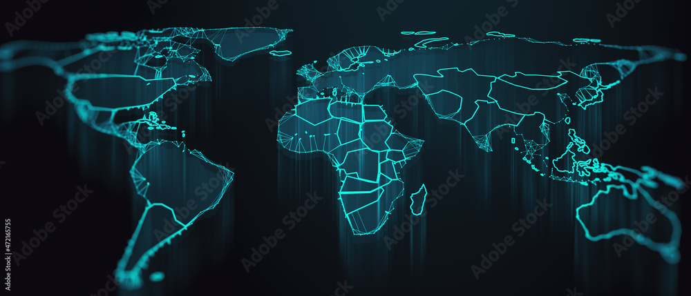 Poster wide glowing map on dark blurry background. technology, communication and travel concept. 3d renderi