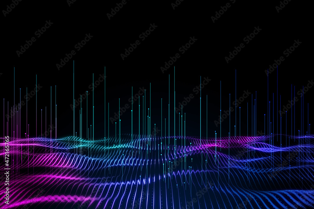 Poster Abstract digital wave on dark background. Technology and science concept. 3D Rendering.