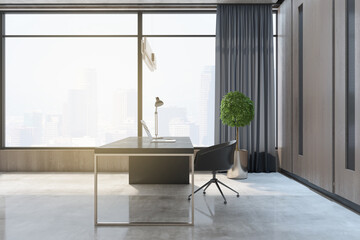 Contemporary concrete and wooden office interior with window and city view, desktop, computer and decorative green plant in pot. Workspace and nobody concept. 3D Rendering.