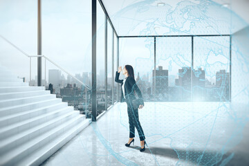 Attractive young european businesswoman in interior with stairs, digital globe and window with city view. Success, future and travel concept. Double exposure.