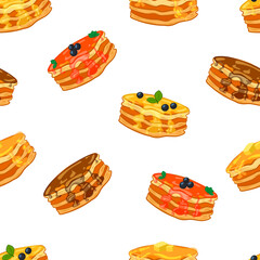 Pancakes, seamless pattern, colorful background template, different.