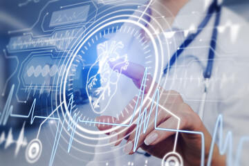 Female doctor pointing at creative glowing cardiovascular medical hud screen on blurry hospital interior background. Online medicine, cardiology and health concept. Double exposure.