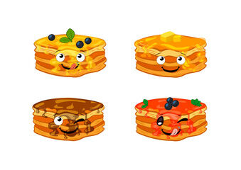 pancakes, cartoon funny faces pancakes illutration, different syrups and honey, isolated on white background.