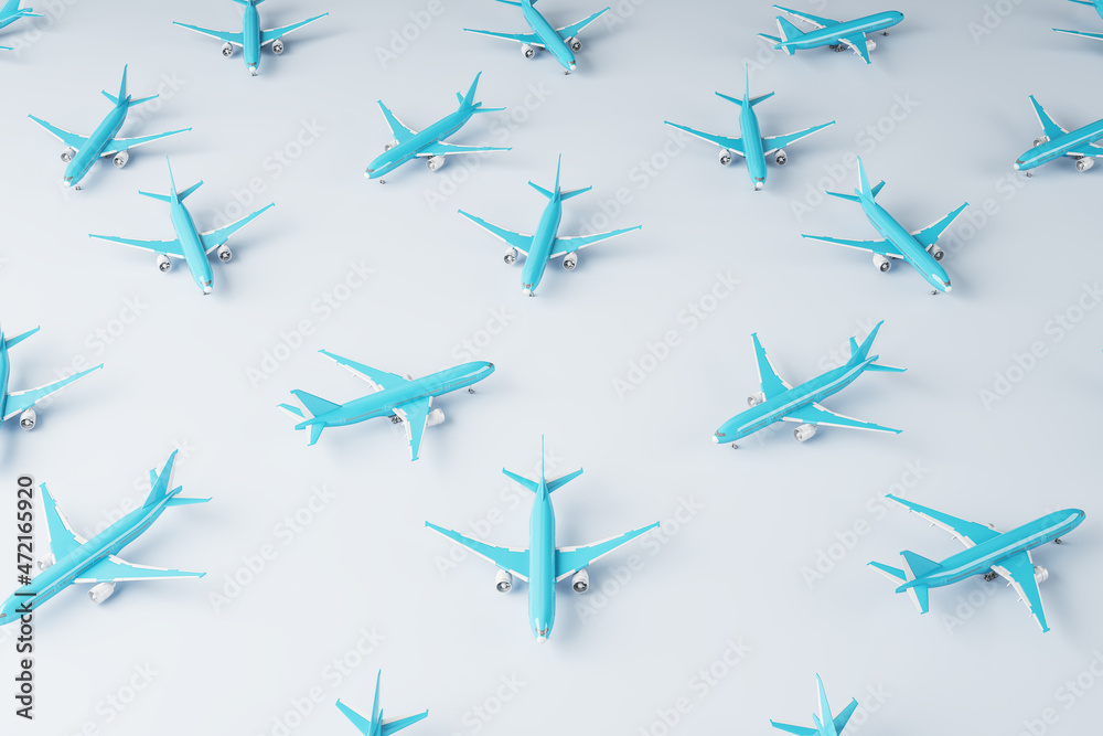 Poster creative image of blue airplanes on white background. travel and landing page concept. 3d rendering.