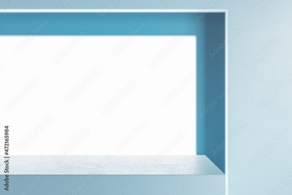 Poster creative empty blue product stand. retail concept. mock up, 3d rendering.
