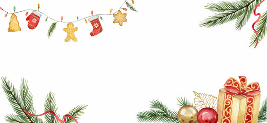 Watercolor vector card with a gift box, Christmas balls, garland and fir branches.