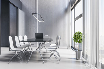 Bright meeting room office interior with table, armchairs, window with city view and daylight. Workplace and law and legal concept. 3D Rendering.