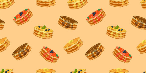 Pancakes, seamless pattern, bakery breakfast background template, stacks.