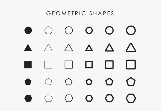 Geometric shapes set vector. Set of simple geometric shapes. Triangle, square ellipse, and other linear icons. Various primitive isolated shapes for graphic design and business, and school vector