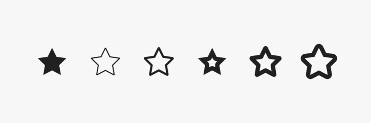 Star different variations. Set of black stars isolated on white background. Various star shape collection for rate, winner, quality, and design. Geometric flat icon for vote, favorite, and Xmas