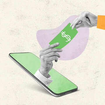 Contemporary art collage of hands passing money sticking out of phone screen isolated over white background. Online payments