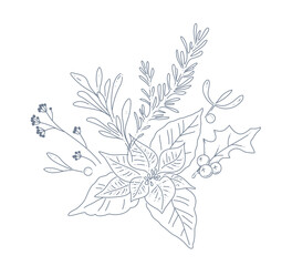 Winter bouquet with holiday decor plants mistletoe, fir tree branches, holly berry isolated. Line art hand drawn doodle vector illustration. For packaging, cards, banners, invitation.