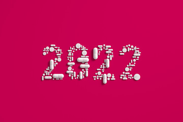 A pattern of many pills scattered on a blue background in the form of figures 2021. 3D illustration