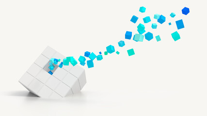 Abstract creative modern blue and white 3D background a three-dimensional cube lying on its side and exploding small cube particles flying out of it. 3d illustration