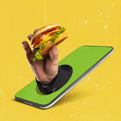 Contemporary art collage of male hand holding burger sticking out phone screen isolated over yellow...