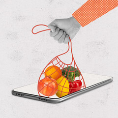 Contemporary art collage of man holding string bag with fruits and vegetables appearing from phone...
