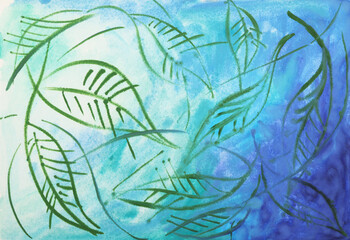 Fototapeta na wymiar Hand painted leafs on blue background
