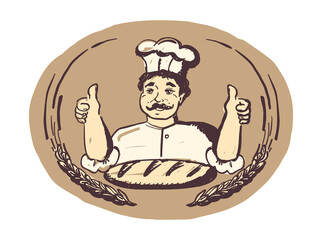 Baker portrait showing thumbs up two hands, bakery logotype