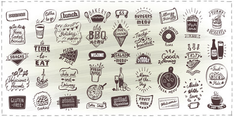 Menu set of symbols, signs and elements, vector hand drawn designs with fast food, pastries and drinks, alcohol, etc
