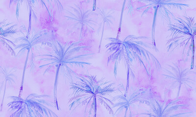 Watercolor summer seamless pattern in lilac shades with coconut trees painted in wet technique for textiles