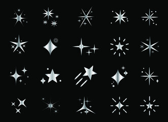Sparkling Stars Collection. Silver Color Shiny Sparkle Elements Flat Vector
