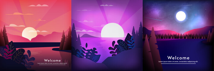 Obraz premium Vector illustration. Set of night and sunrise or sunset landscapes in a flat style. Night with moon, sea or ocean. Beautiful colors. Evening or morning, sunset or sunrise. 