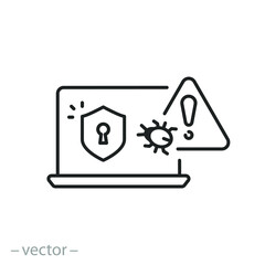 security for cyber attack icon, spyware, warning malware, virus on pc, hacker phishing, shield for hazard spyware, thin line symbol on white background - editable stroke vector illustration