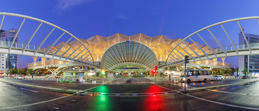 Lisbon Lisboa Oriente railway station in Portugal modern architecture panorama at night