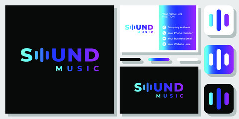 Sound Wordmark Colorful Gradient Music Audio Simple Icon Logo Design with Business Card Template