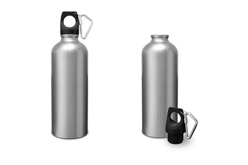 Sports stainless bottles. Bike metal reusable drink flask. 3d realistic mockup. Illustration of metallic container water for sport bike and fitness mockup template. 3d rendering.
