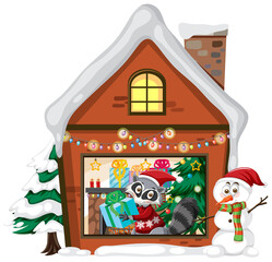 Raccoon live in winter house in Christmas theme