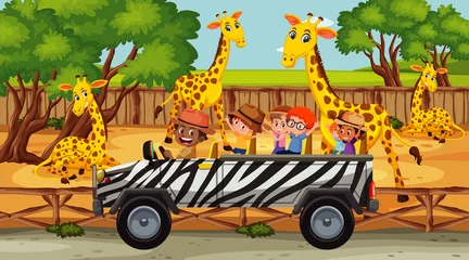 Wandaufkleber Safari scene with many giraffes and kids on tourist car © brgfx
