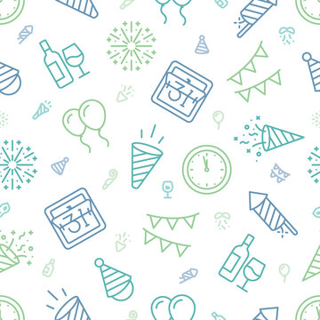 Blue, teal, and green outline icons of new year related things with smaller icons in between