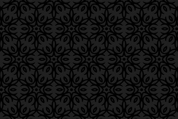 Embossed black background design.Texture with geometric volumetric convex ethnic elegant 3D pattern.Vector graphic template in the style of the peoples of the East, Asia, India, Mexico, Aztec.