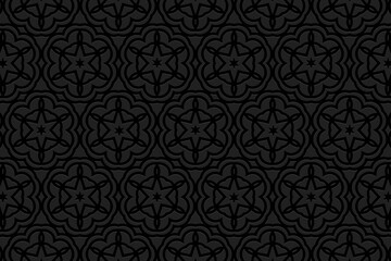 Embossed black background design.Texture with geometric volumetric convex ethnic abstract 3D pattern.Vector graphic template in the style of the peoples of the East, Asia, India, Mexico, Aztec.