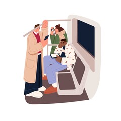 Passengers use mobile phones in public transport. Gadget-addicted people surfing internet with smartphones while subway train travel. Flat graphic vector illustration isolated on white background