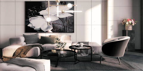 Cute Sitting Group Inside a Modern Style Apartment With Artwork - panoramic 3D Visualization