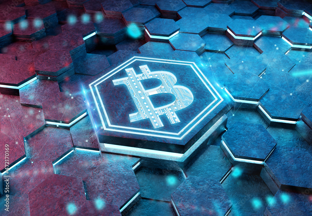 Poster Bitcoin icon creativity concept engraved on metal hexagonal pedestral background. Crypto currency symbol glowing on abstract digital surface. 3d rendering