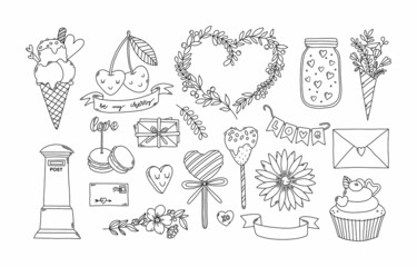 Valentine's day doodle elements set, coloring page