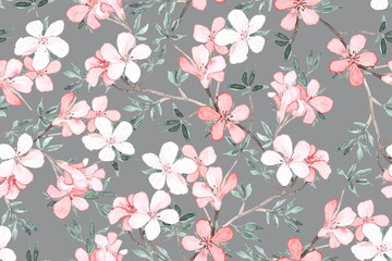 Floral seamless pattern of watercolor branches of sakura or blooming apple tree. Ready-made ornament for surface design, fabric, paper and w