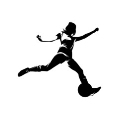 Fototapeta na wymiar Women soccer player vector silhouettes on white background isolated. Silhouette of a woman kicking soccer ball, vector illustration
