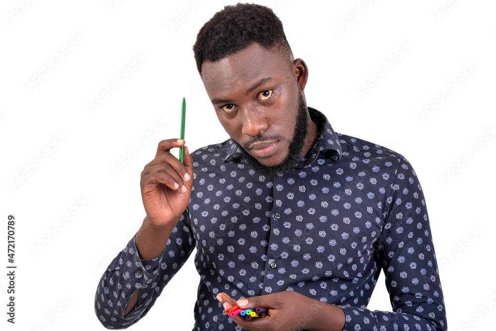 Wall mural young business man holding color pencil.