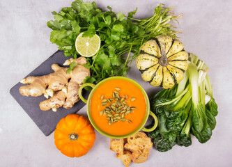 Pumpkin cream soup with ginger and lime. Pumpkin cream soup top view