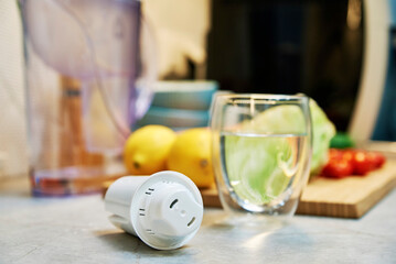 Glass of pure water, cleaning filter cartridge and fresh vegetables on table