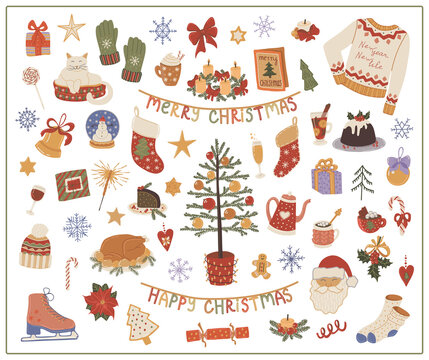 Christmas set  hand drawn vector isolated elements. Decoration for Christmas. Christmas food and drinks. Winter clothes.  Color image on a white background. The print is used for packaging design.