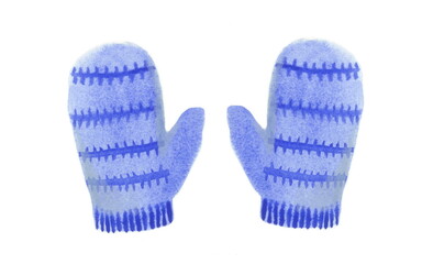 Blue children's mittens. Watercolor illustration isolated on a white background. Children's winter clothes for walking in cold weather. A pair of woolen mittens.