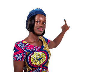 beautiful young woman pointing finger at a white board.