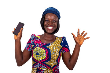 beautiful happy young woman holding mobile phone smiling.