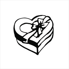 Gift box with ribbon and bow. Black and white clip-art. Vector