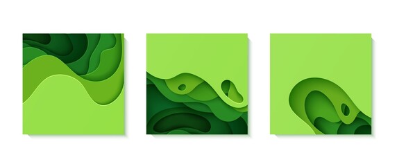 Set of green abstract background in paper cut style. 3d layout wallpaper cut out from cardboard. Modern template with abstract curve shapes. Vector environmental card. Papercut waves for eco poster.
